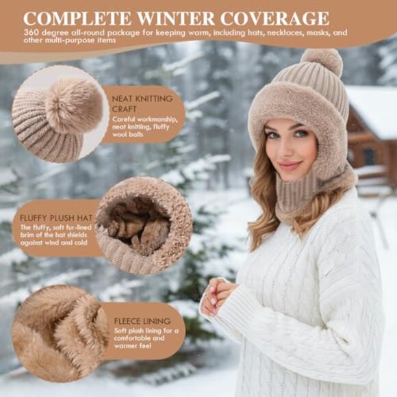 Fleece Lined Knit Balaclava Scarf Mask Set Winter Ski Hat Chunky Retro main image 4
